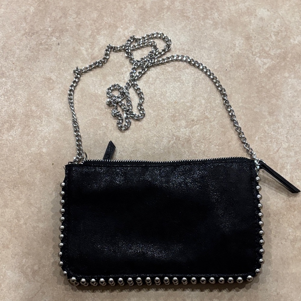 Zara Faux Suede Black Studded Clutch on a Chain